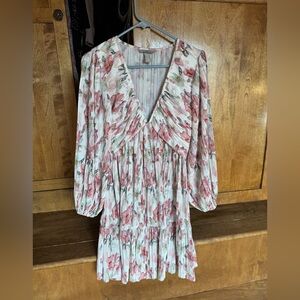 H&M Floral Pleated Mini Dress in Pink and Cream